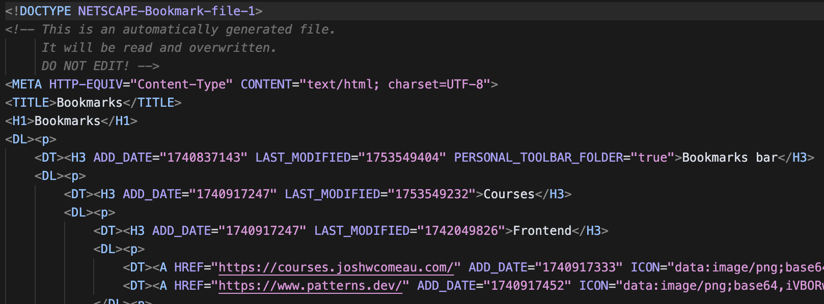 Snippet of exported bookmarks